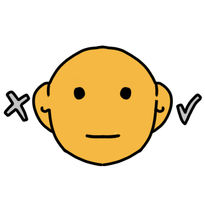 A simple yellow face with two eyes, two ears, and a mouth. their left ear has a light grey checkmark next to it, and their right ear has a light grey 'x' next to it.